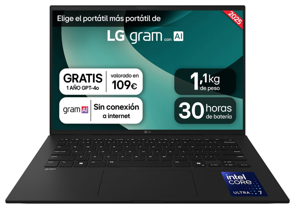 LG Gram 14Z90T-G.AD8BB ordenador portatil Intel Core Ultra 7 255H Portátil 35,6 cm (14") WUXGA 32 GB LPDDR5x-SDRAM 2 TB SSD Wi-Fi 6E (802.11ax) Windows 11 Home Español Negro
