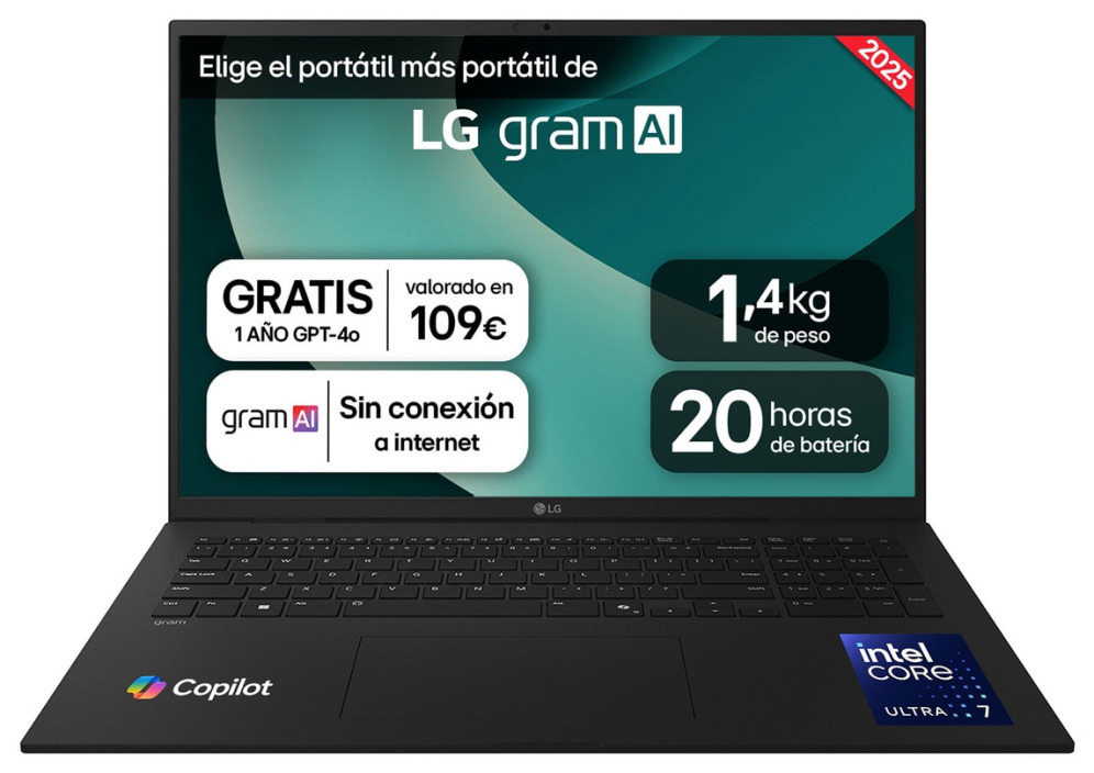 LG Gram 17ZD90T-G.AX88B ordenador portatil Intel Core Ultra 7 255H Portátil 43,2 cm (17") WQXGA 32 GB LPDDR5x-SDRAM 1 TB SSD Wi-Fi 7 (802.11be) FreeDOS Español Negro